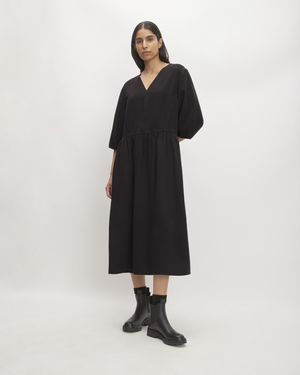 womens-tencel-puff-sleeve-dress-black | primary