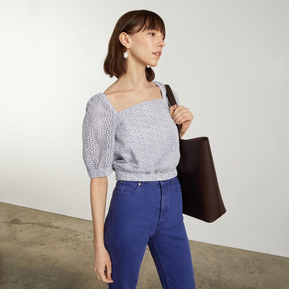 womens-eyelet-puff-sleeve-top-blue-stripe