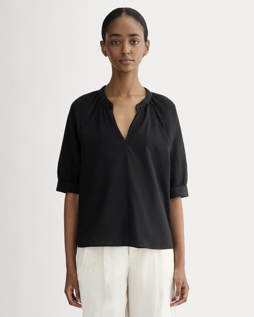 womens-gauze-gathered-top-black | primary