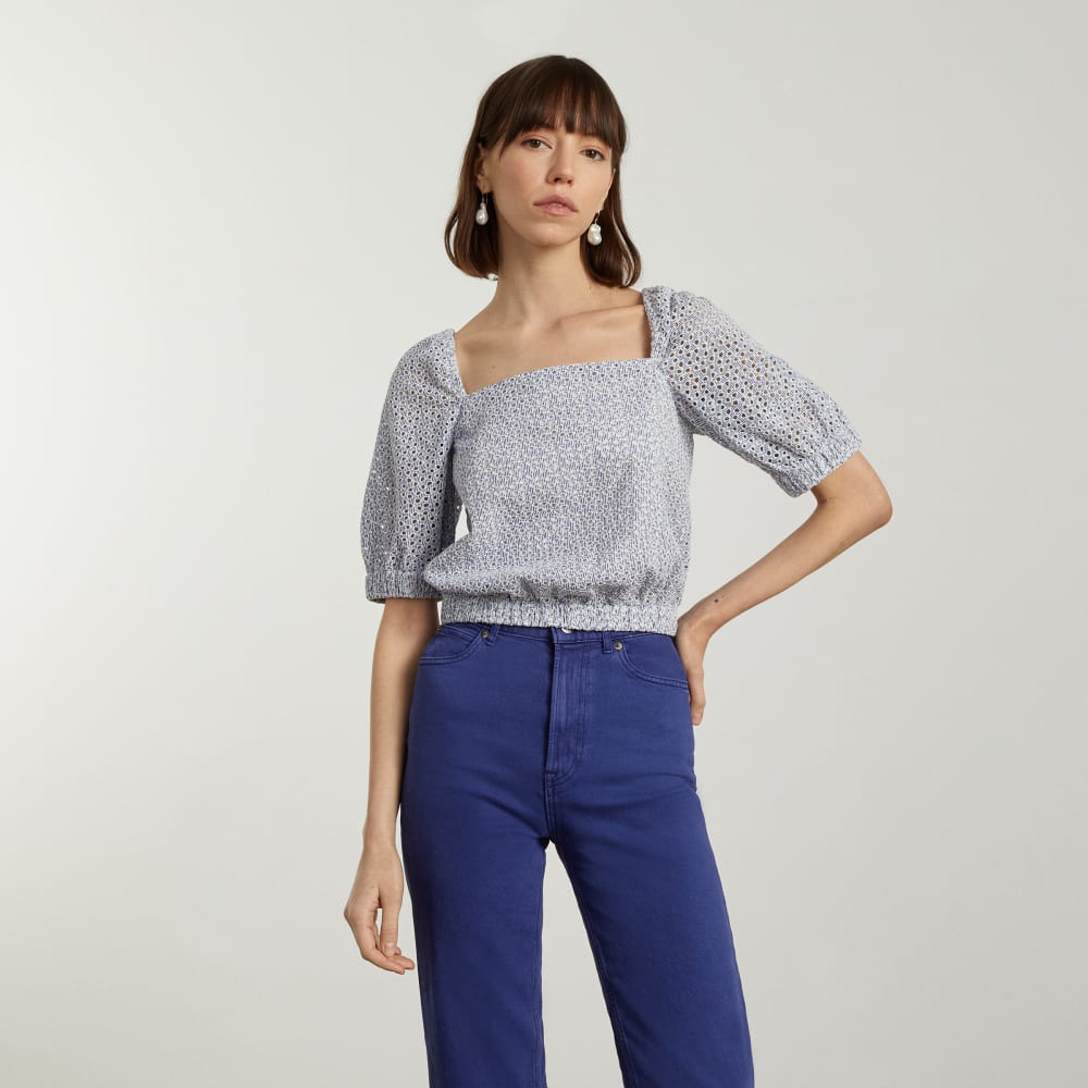 womens-eyelet-puff-sleeve-top-blue-stripe | primary