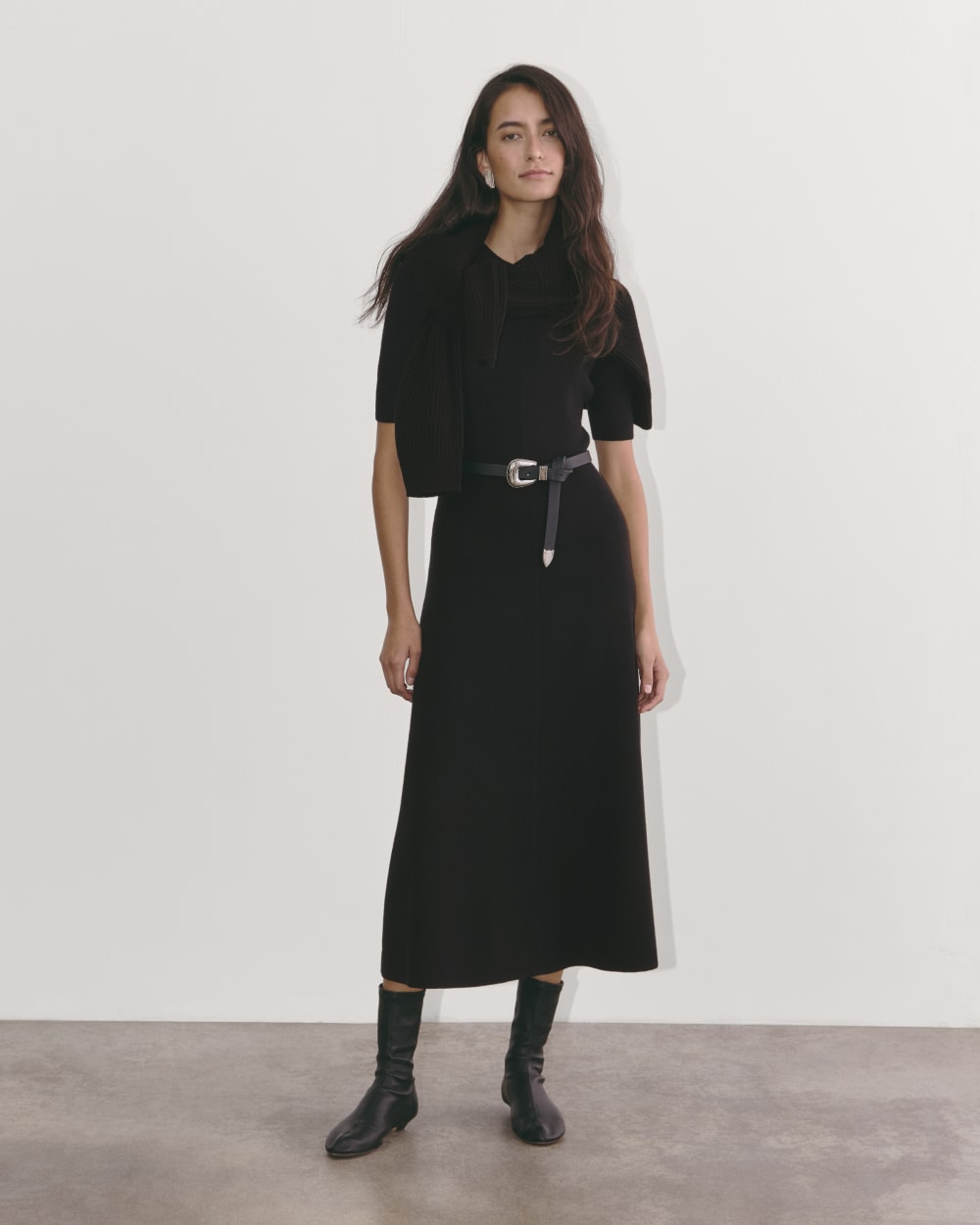 womens-cotton-blend-ribbed-sweater-dress-black | primary