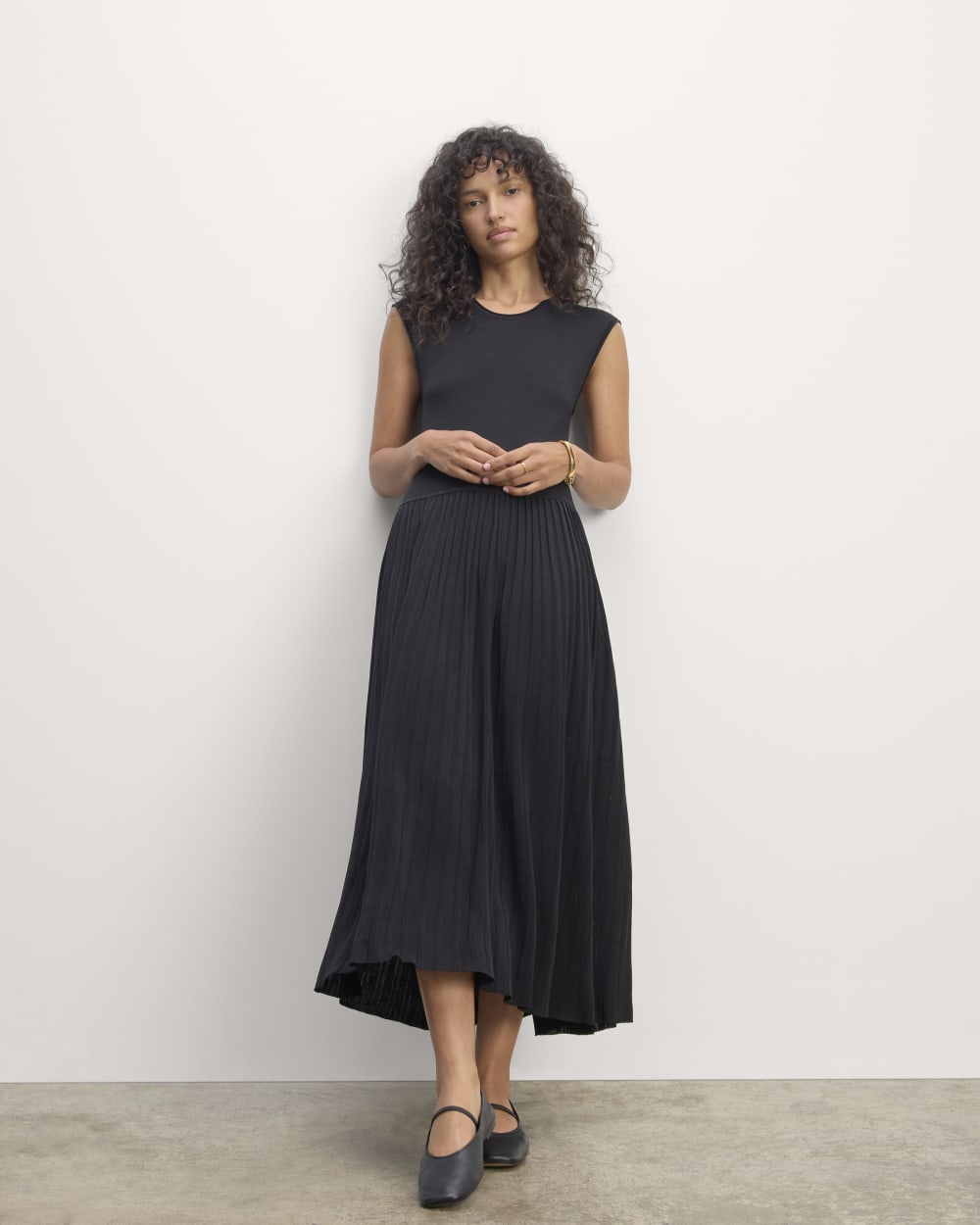 womens-viscose-knit-pleated-dress-black | primary