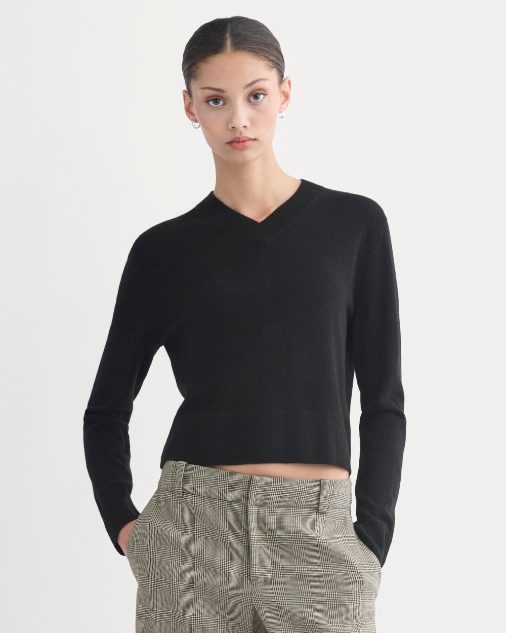 womens-cashmere-cropped-high-v-sweater-black | primary