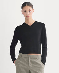 womens-cashmere-cropped-high-v-sweater-black | primary