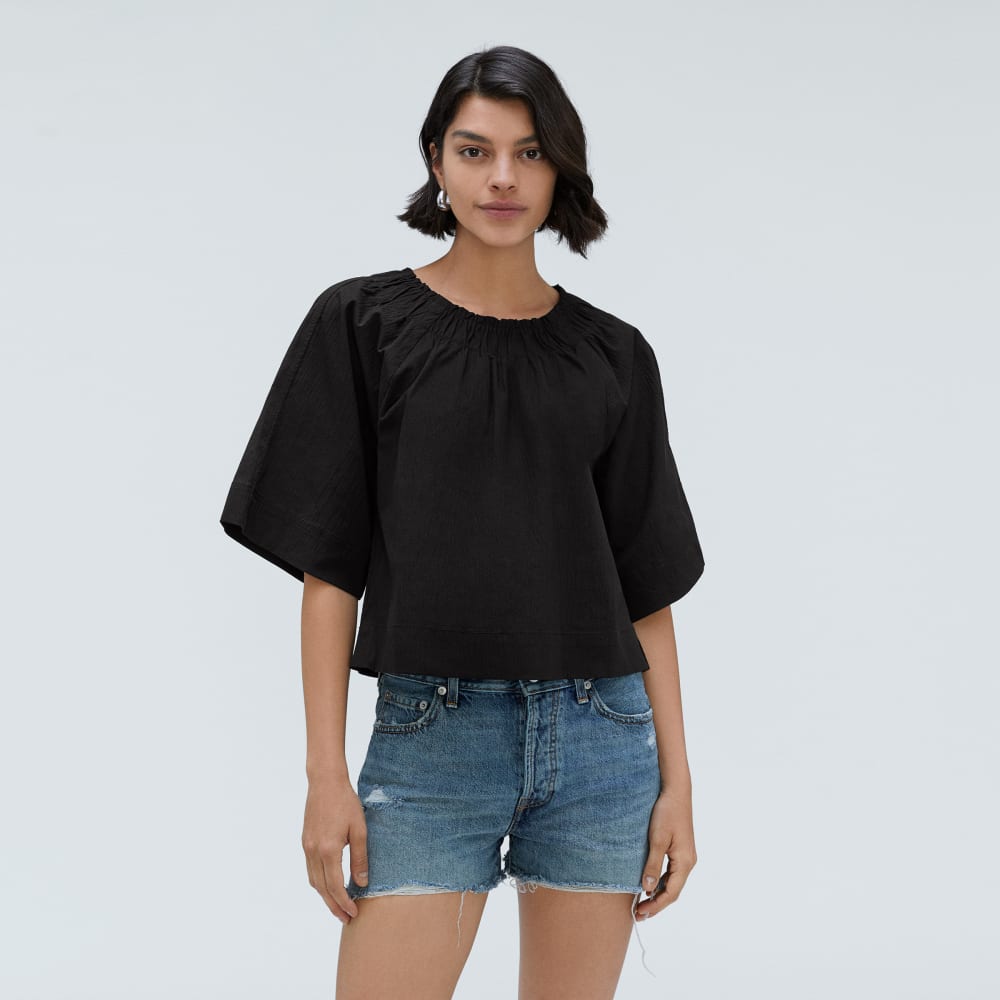 womens-seersucker-gathered-tee-black