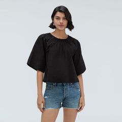 womens-seersucker-gathered-tee-black