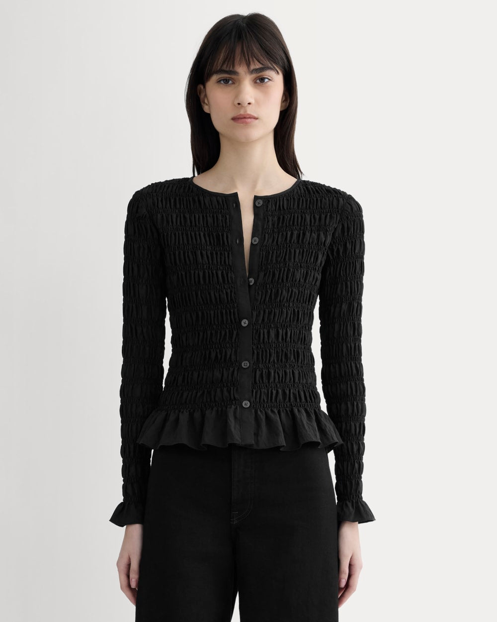womens-smocked-cardigan-black | primary