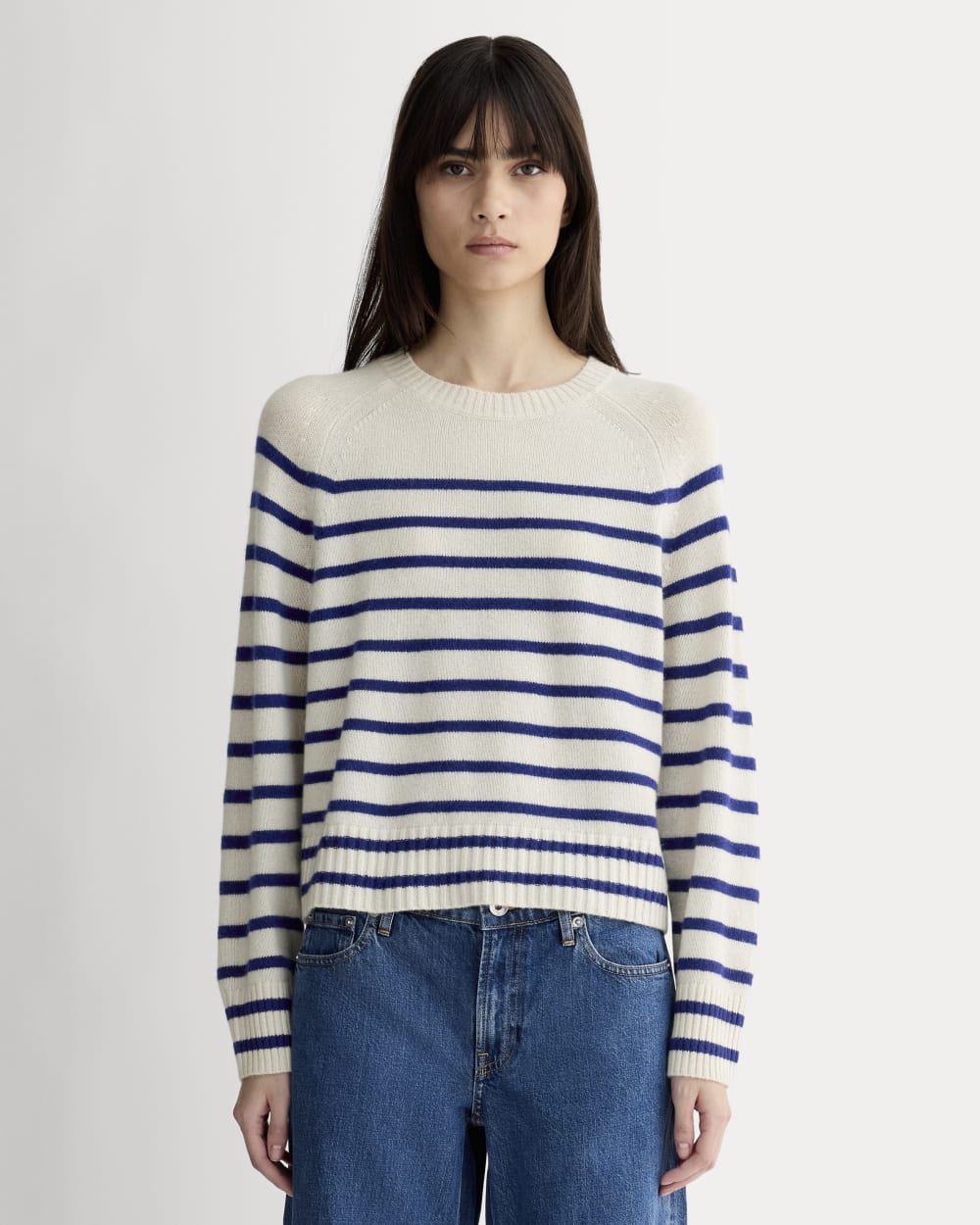 womens-cashmere-boxy-crew-sweater-soft-white-deep-blue | primary