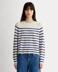 womens-cashmere-boxy-crew-sweater-soft-white-deep-blue | primary