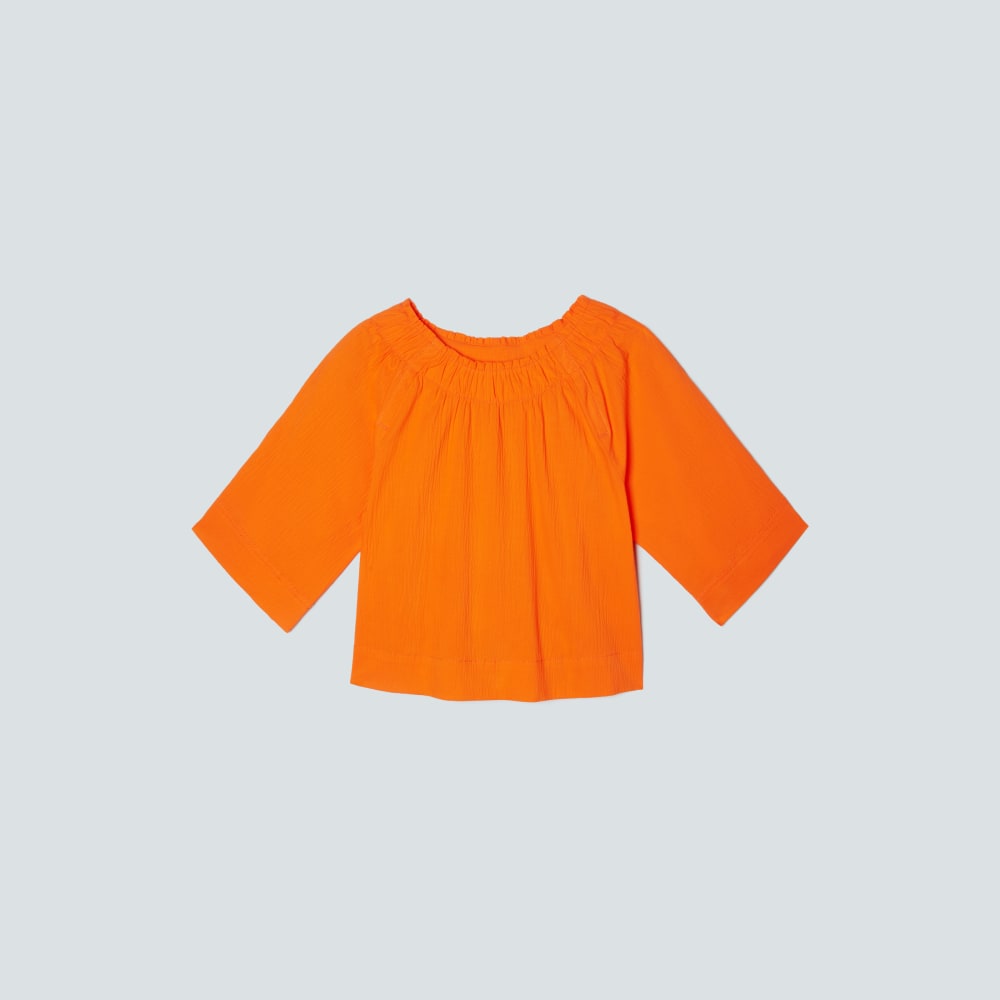 womens-seersucker-gathered-tee-bright-orange