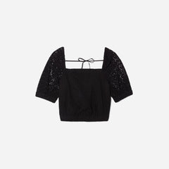 womens-eyelet-puff-sleeve-top-black | alt
