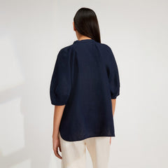 womens-linen-puff-sleeve-shirt-navy