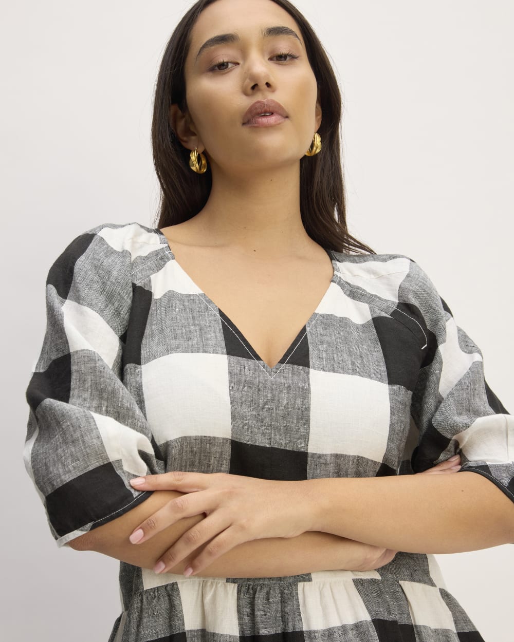 womens-linen-oversized-puff-sleeve-dress-bone-black-check