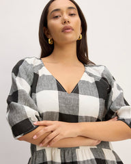 womens-linen-oversized-puff-sleeve-dress-bone-black-check