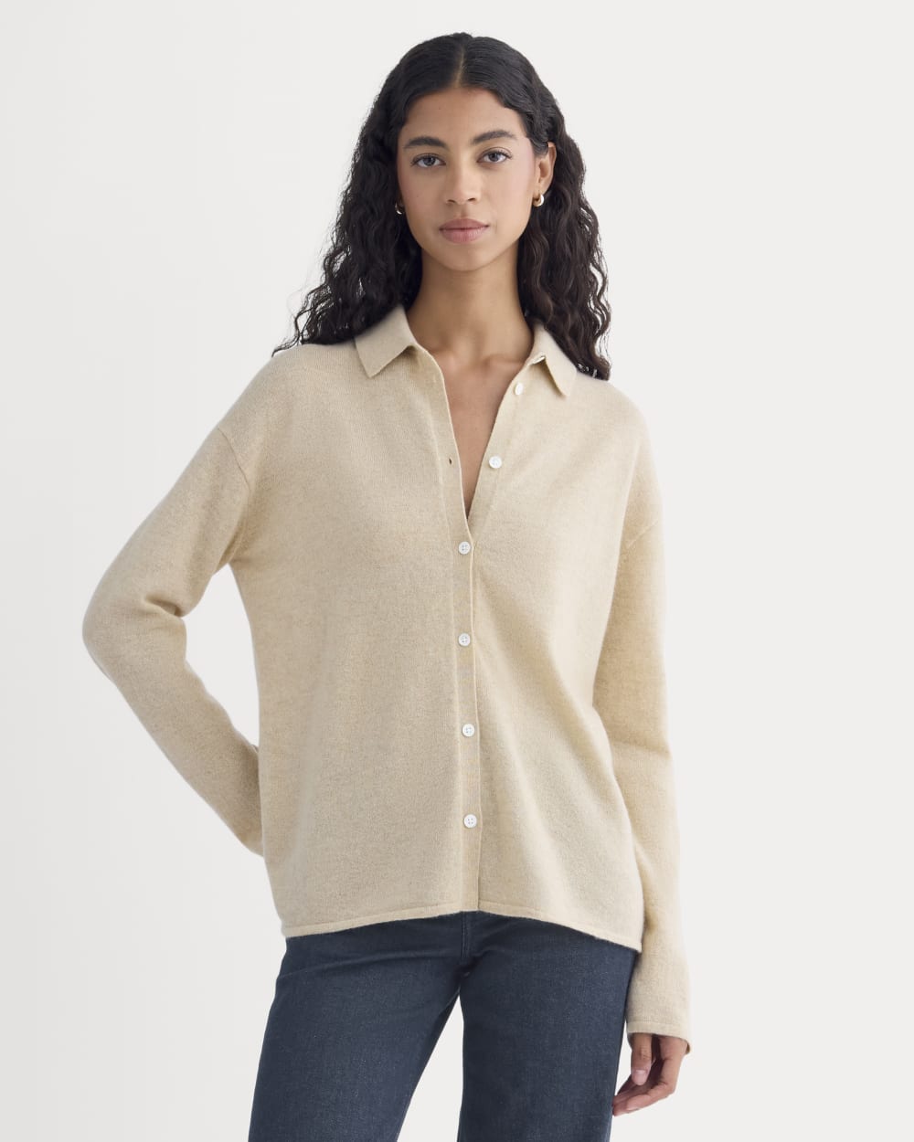 womens-cashmere-button-up-shirt-heather-light-camel | primary