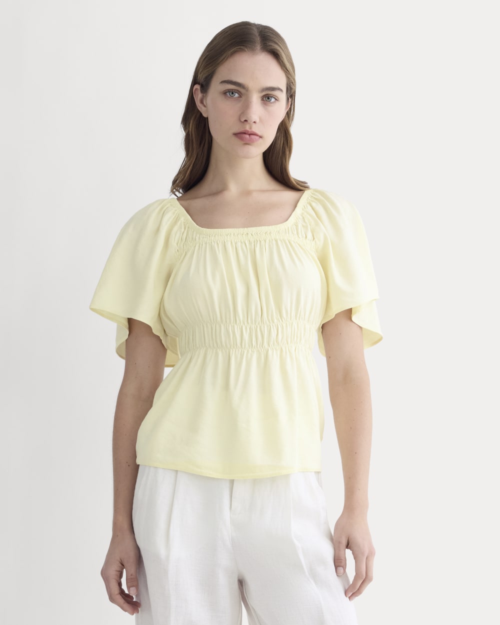 womens-flutter-sleeve-top-stretch-linen-light-yellow | primary