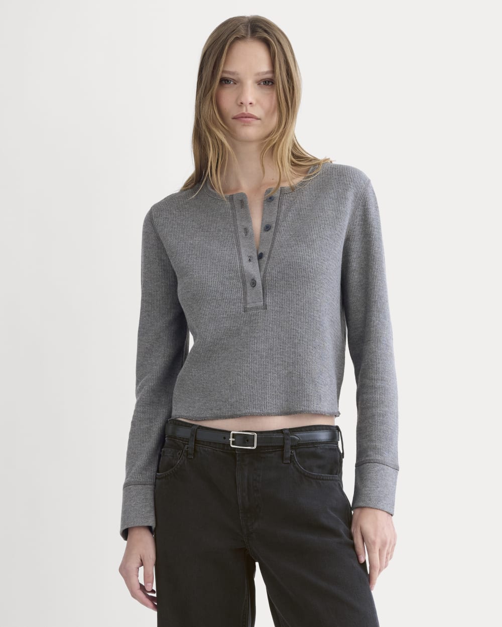 womens-boxy-henley-in-cozy-waffle-heathered-charcoal | primary