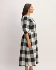 womens-linen-oversized-puff-sleeve-dress-bone-black-check