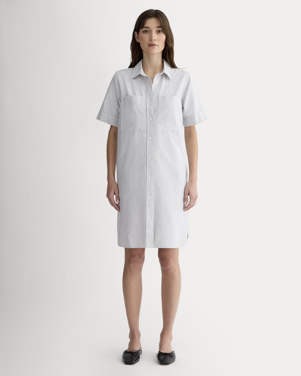 womens-oxford-short-sleeve-shirt-dress-charcoal-white | primary