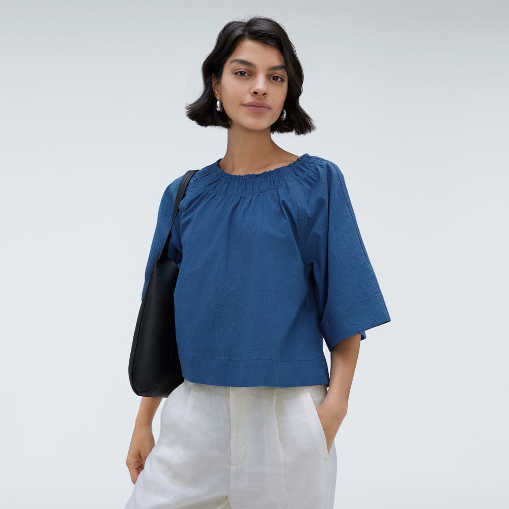 womens-seersucker-gathered-tee-deep-blue