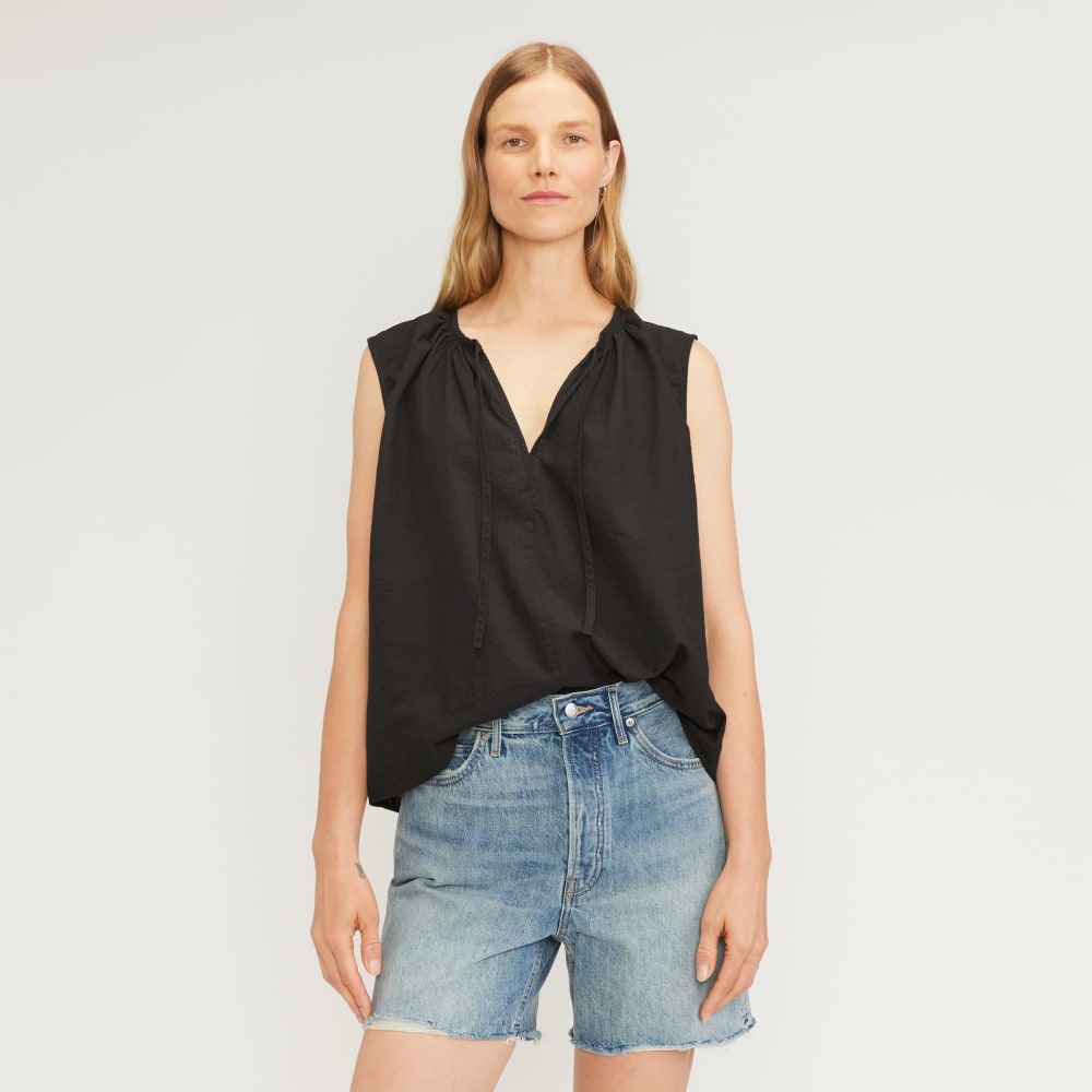 womens-gathered-tie-front-top-black | primary