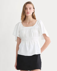 womens-flutter-sleeve-top-stretch-linen-white | primary