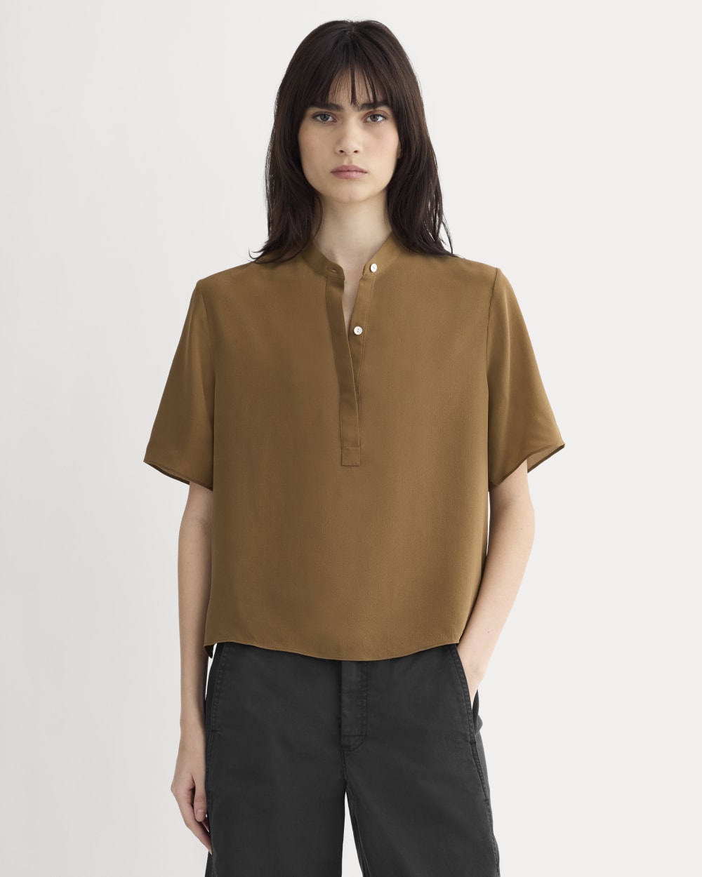 womens-washable-silk-ss-popover-top-toffee | primary