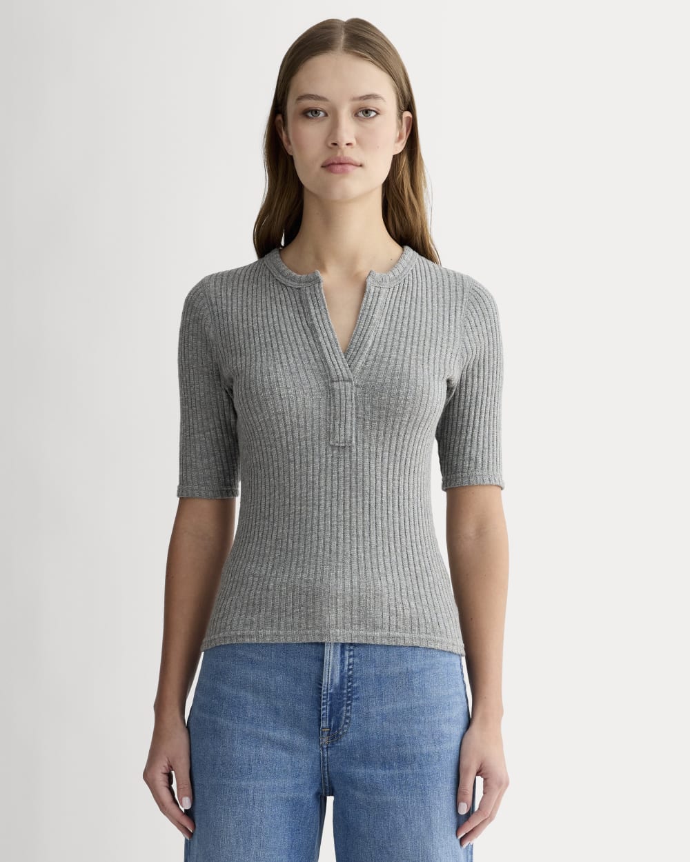 womens-rib-knit-short-sleeve-henley-mid-heather-grey | primary