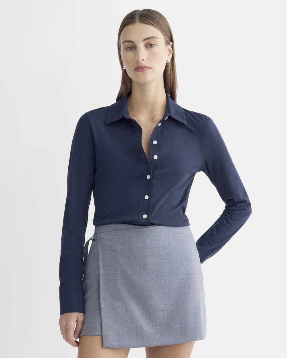 womens-button-up-shirt-essential-cotton-navy | primary