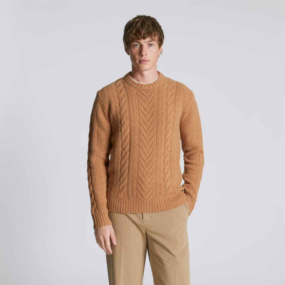 mens-felted-merino-cable-knit-crew-tobacco-brown | primary