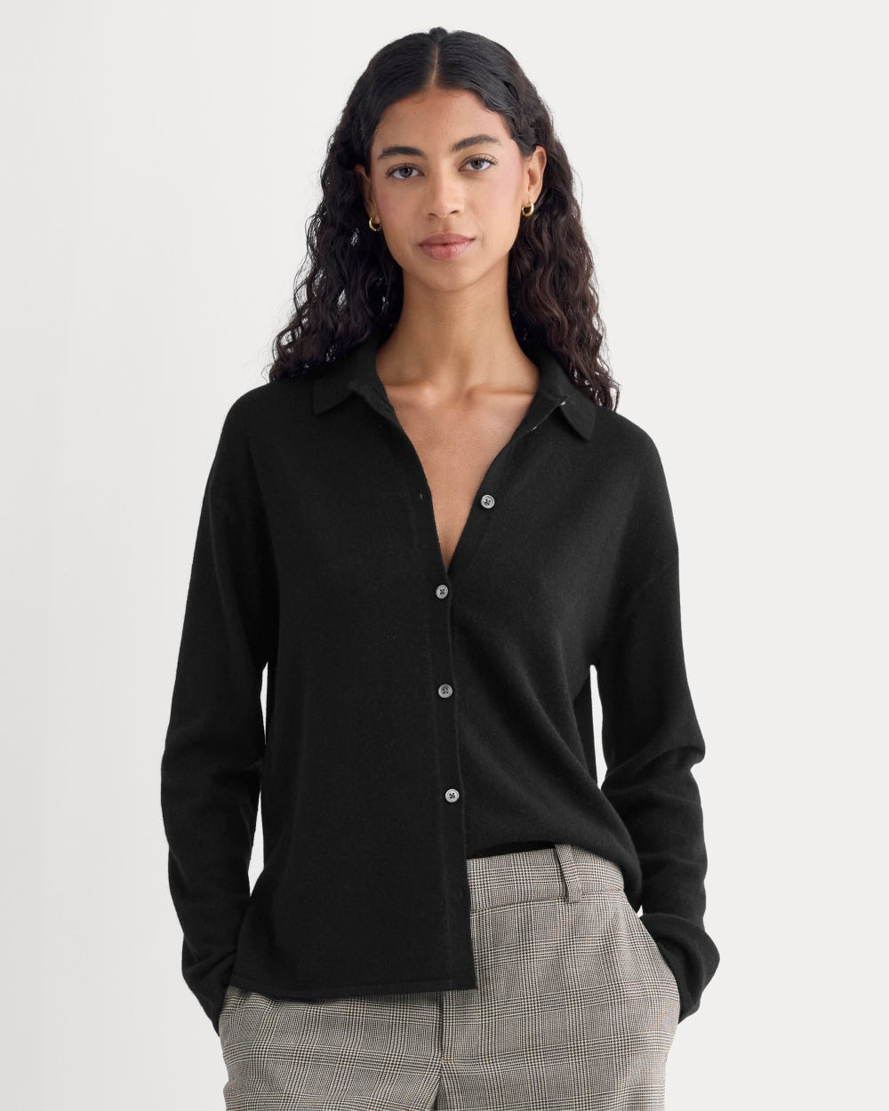 womens-cashmere-button-up-shirt-black | primary