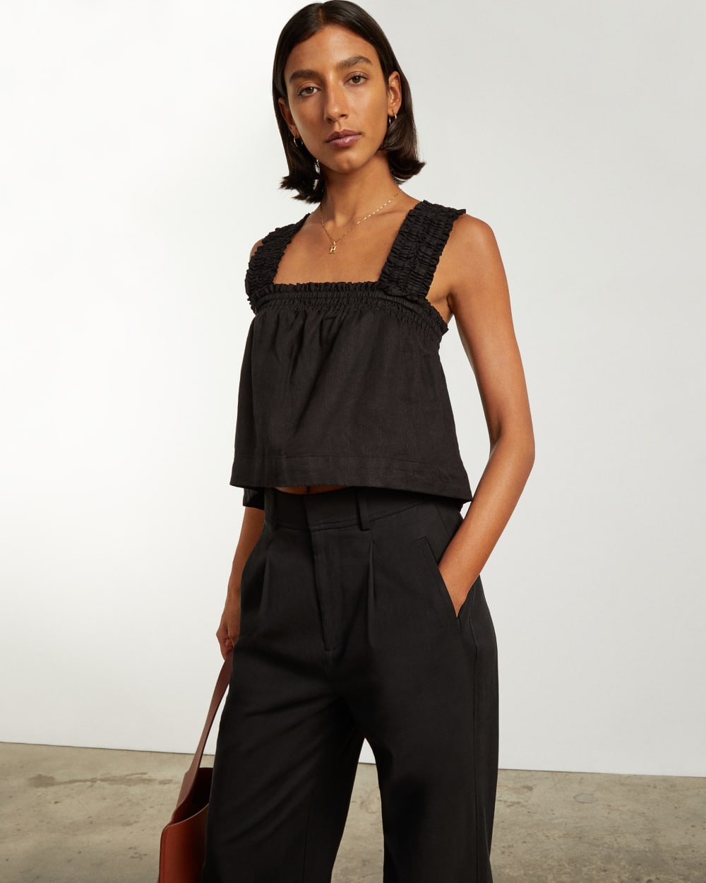 womens-smocked-linen-cami-black