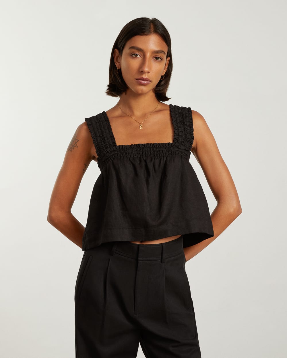 womens-smocked-linen-cami-black | primary