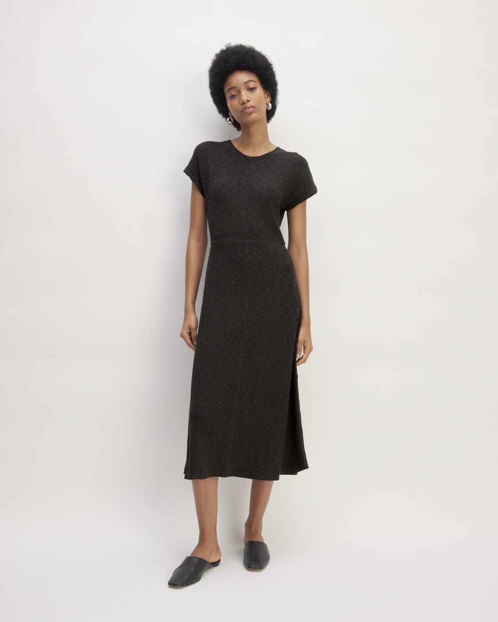 womens-rib-knit-cap-sleeve-midi-dress-black | primary