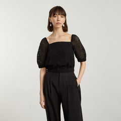 womens-eyelet-puff-sleeve-top-black