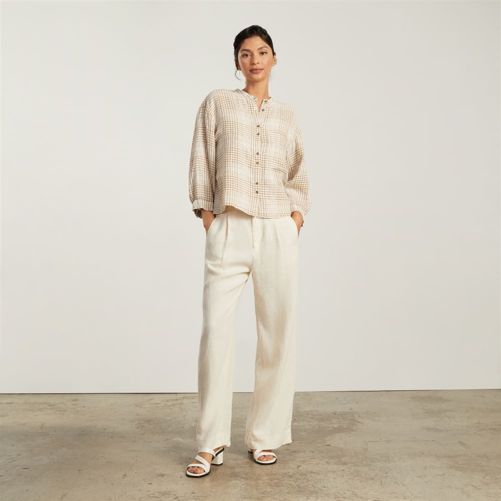 womens-linen-billow-blouse-coffee-grid