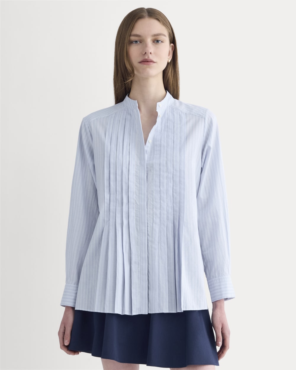 womens-pleated-shirt-in-silky-cotton-forever-blue-optic-white | primary