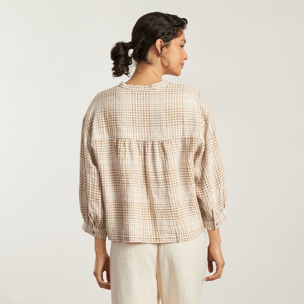 womens-linen-billow-blouse-coffee-grid