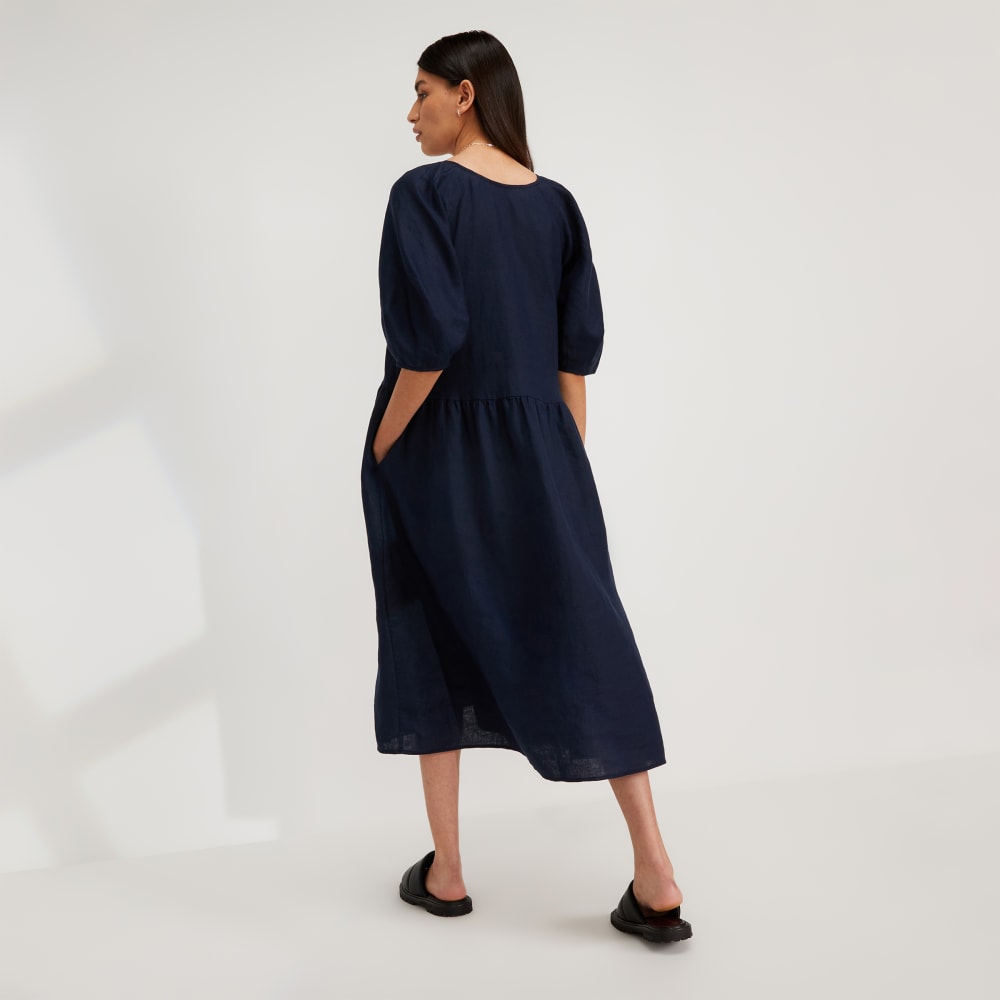 womens-linen-puff-sleeve-dress-navy