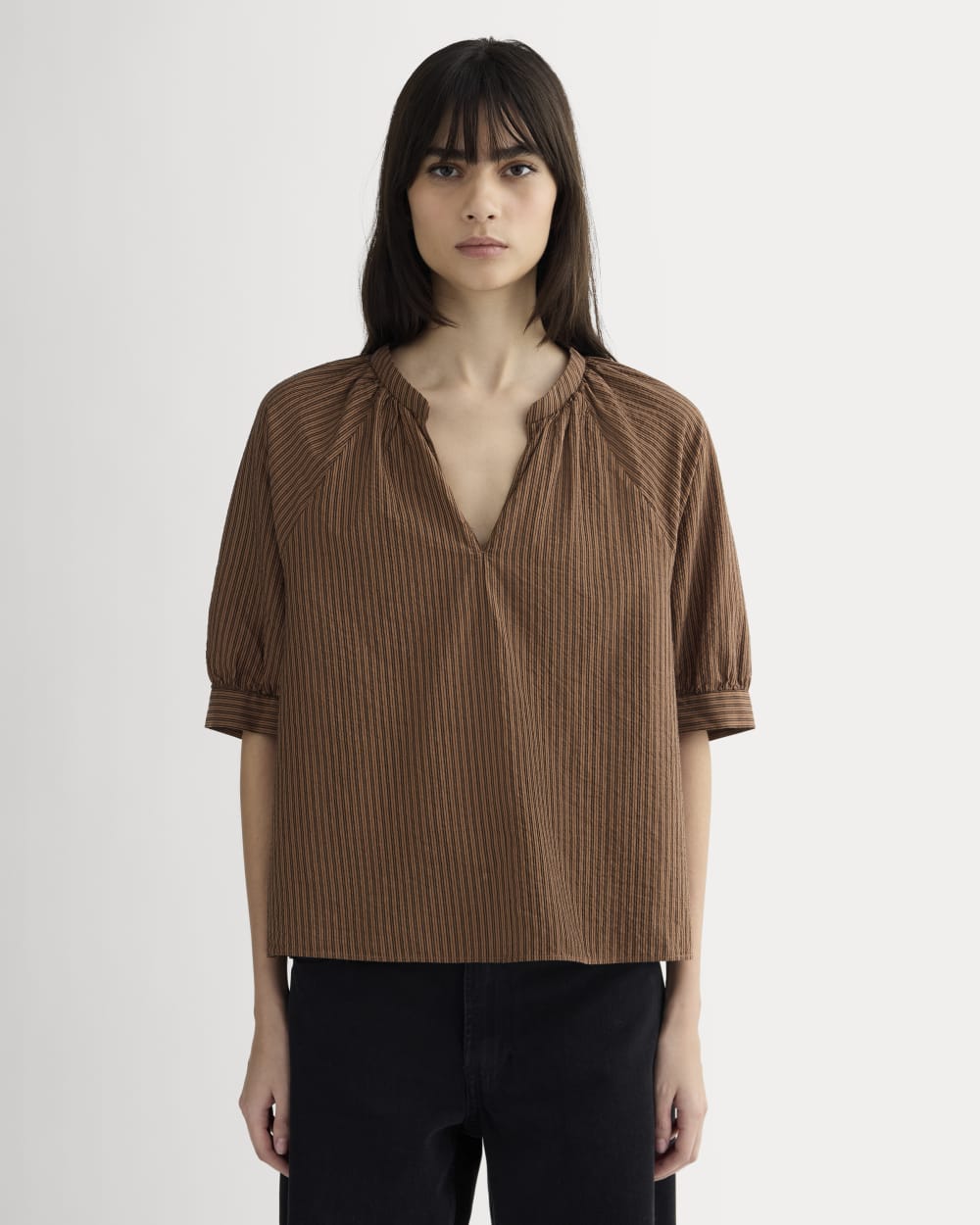 womens-gauze-gathered-top-carob-brown-black | primary