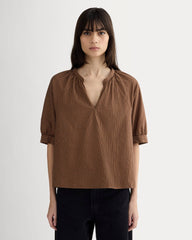 womens-gauze-gathered-top-carob-brown-black | primary