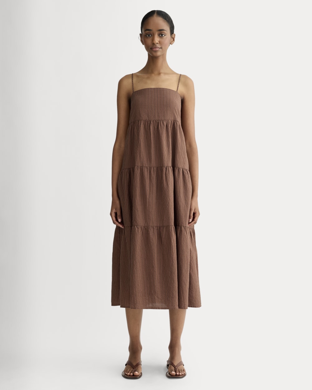 womens-gauze-tiered-dress-carob-brown-black-plaid | primary