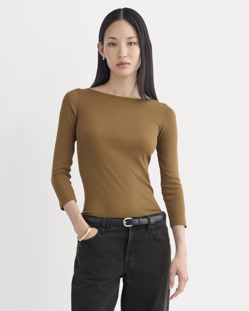 womens-luxe-rib-3-4-sleeve-boatneck-tee-toffee | primary