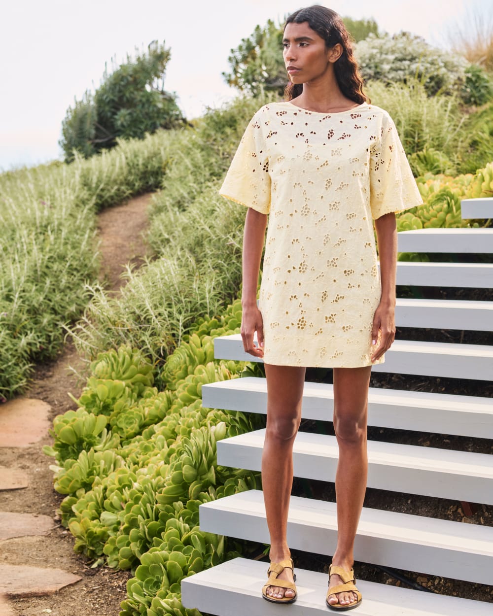 womens-eyelet-mini-shift-dress-light-yellow