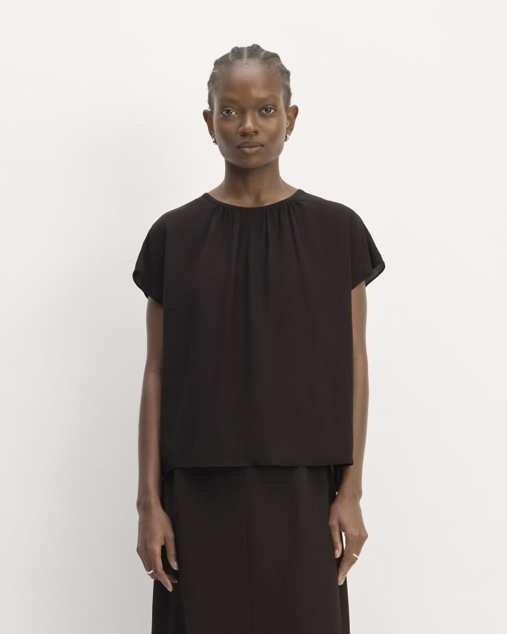 womens-viscose-gathered-neck-top-black | primary