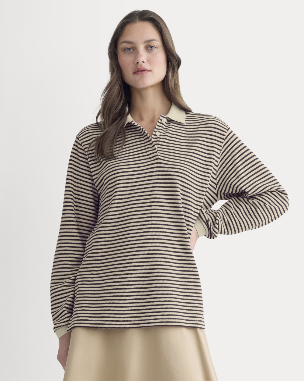 womens-oversized-pique-polo-beige-plum-stripe | primary