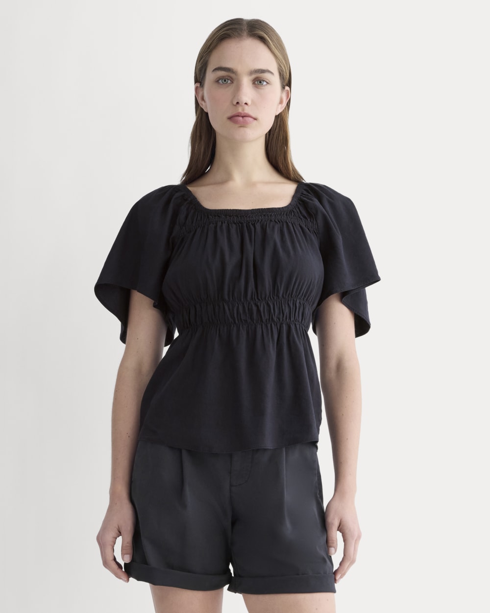 womens-flutter-sleeve-top-stretch-linen-black | primary
