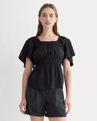 womens-flutter-sleeve-top-stretch-linen-black | primary