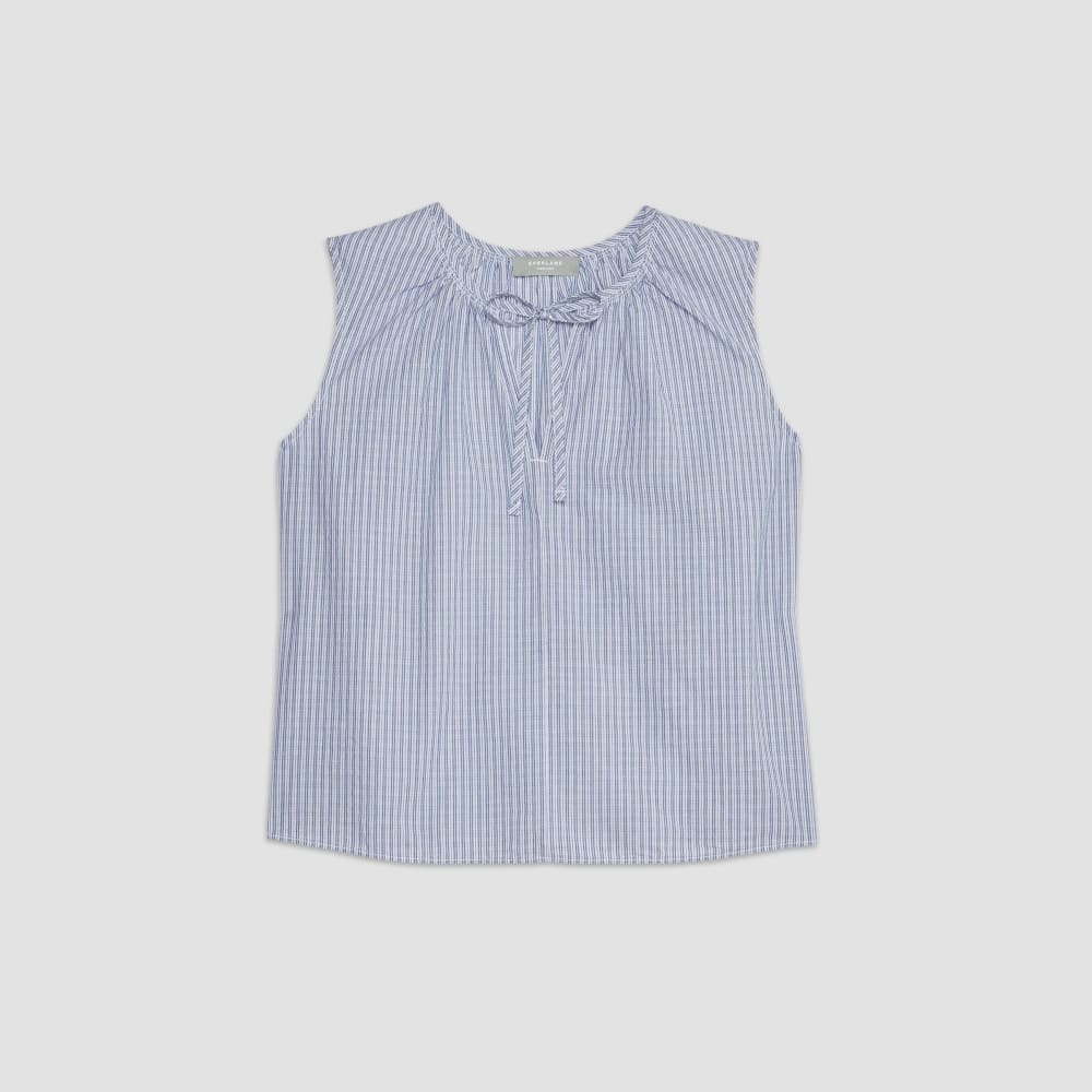 womens-gathered-tie-front-top-mazarine-blue-white | alt