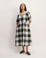 womens-linen-oversized-puff-sleeve-dress-bone-black-check | primary